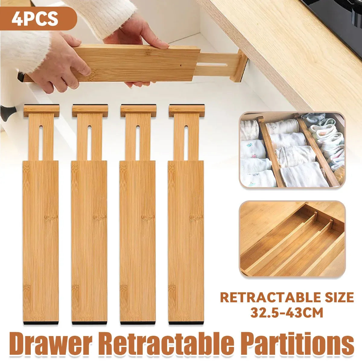 4PCS Bamboo Drawer Retractable Partitions Durable for Home Kitchen