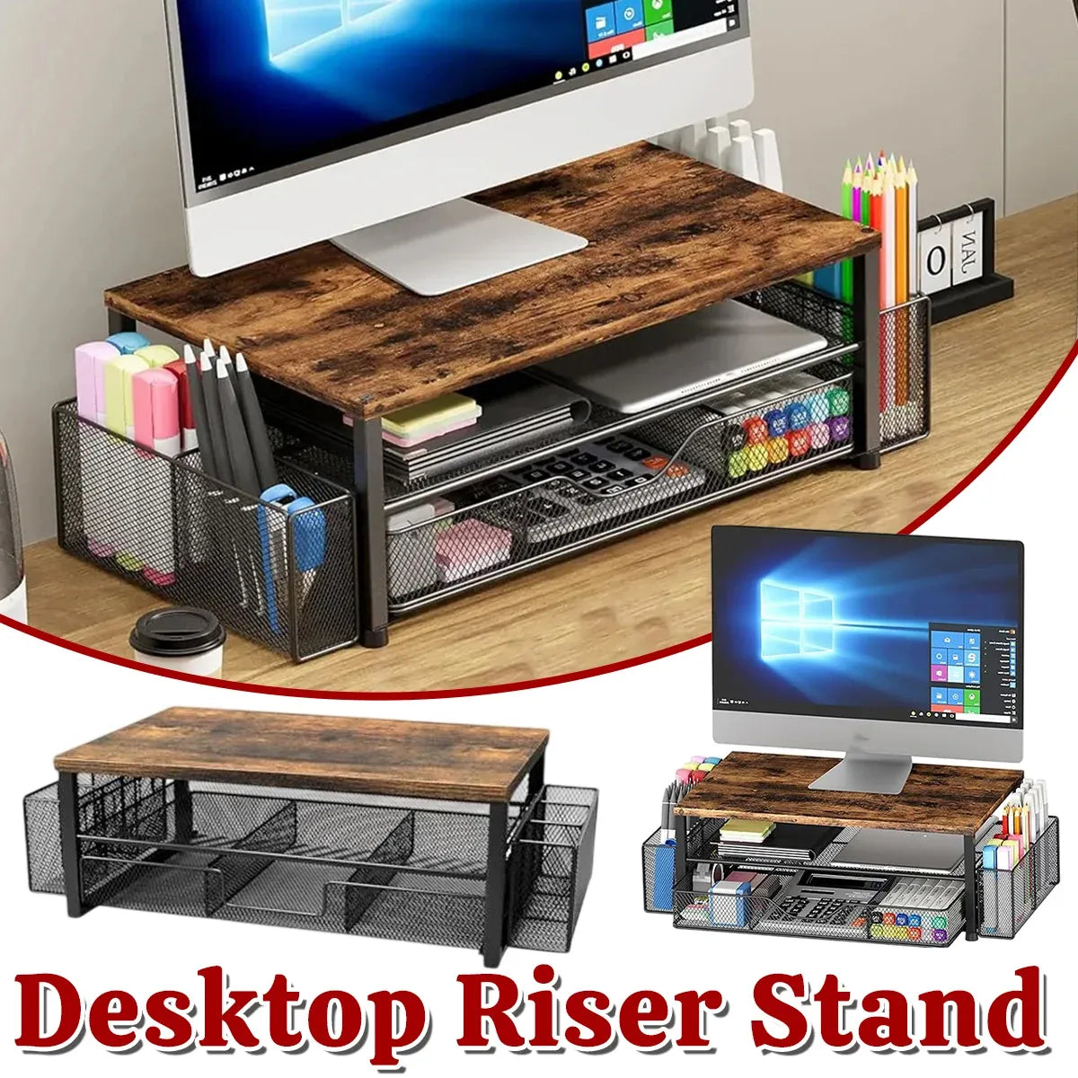 Computer Stand Riser With Drawer Storage Monitor Shelf For PC Laptop Workspace