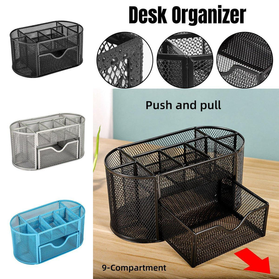 Creative Metal Desktop Pen Holder Multi-function Storage Box Organizer Rack - Black