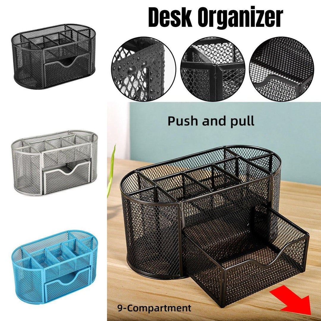 Creative Metal Desktop Pen Holder Multi-function Storage Box Organizer Rack - Blue