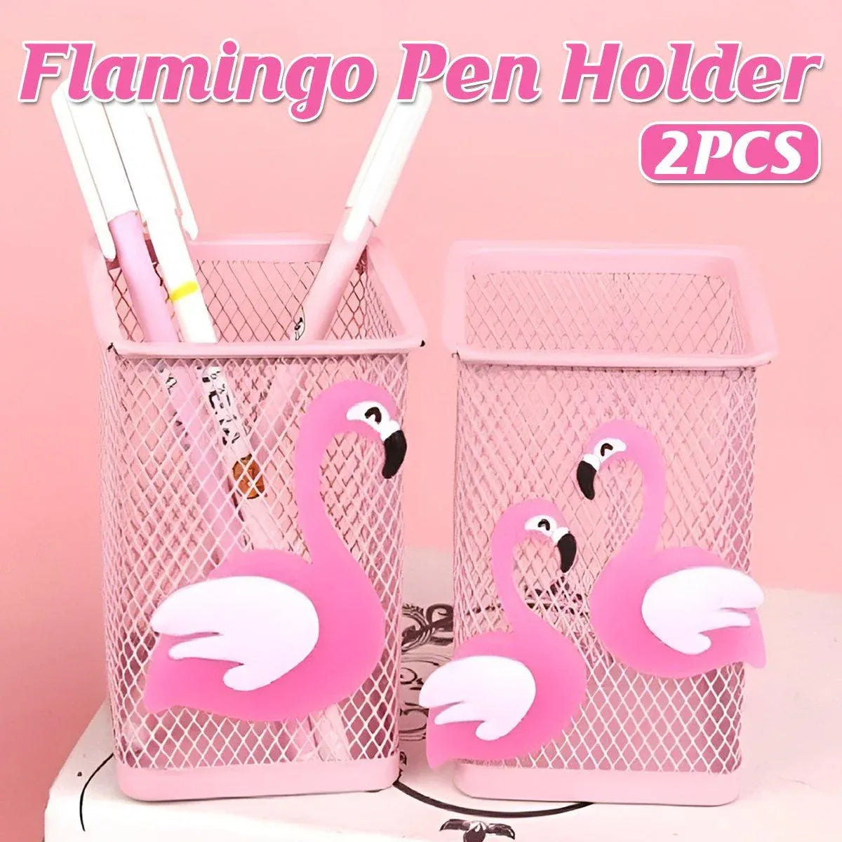 2pcs Cartoon Pink Hollow Mesh Pen Holder Multifunctional Stationery Organizer
