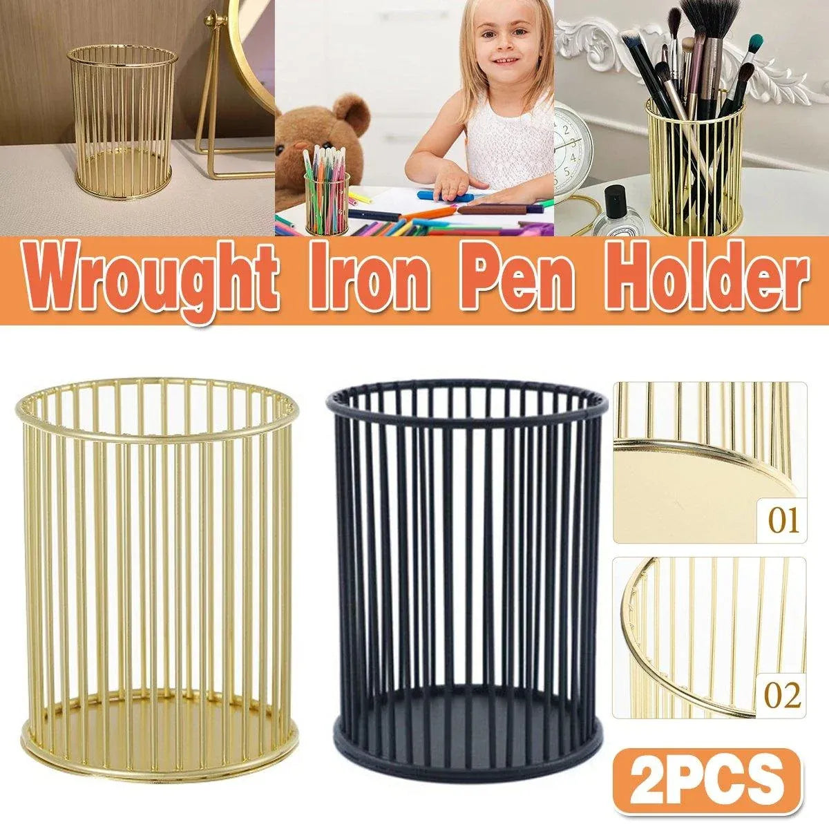 2PCS Metal Pen Holder Desktop Organizer Multifunctional Storage Bucket Office