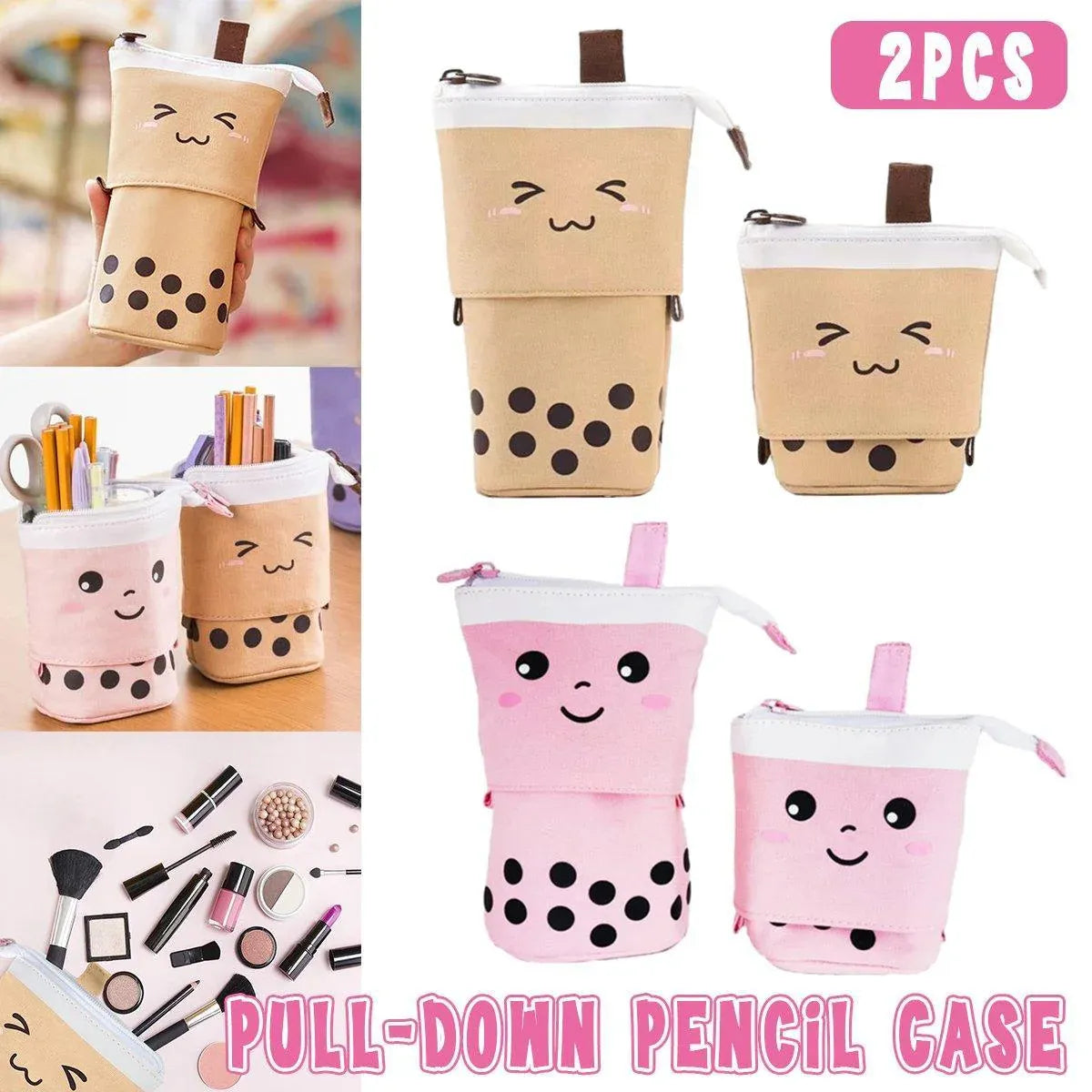 Cute Bubble Tea Cartoon Stationery Box Retractable Standing Pencil Holder Case