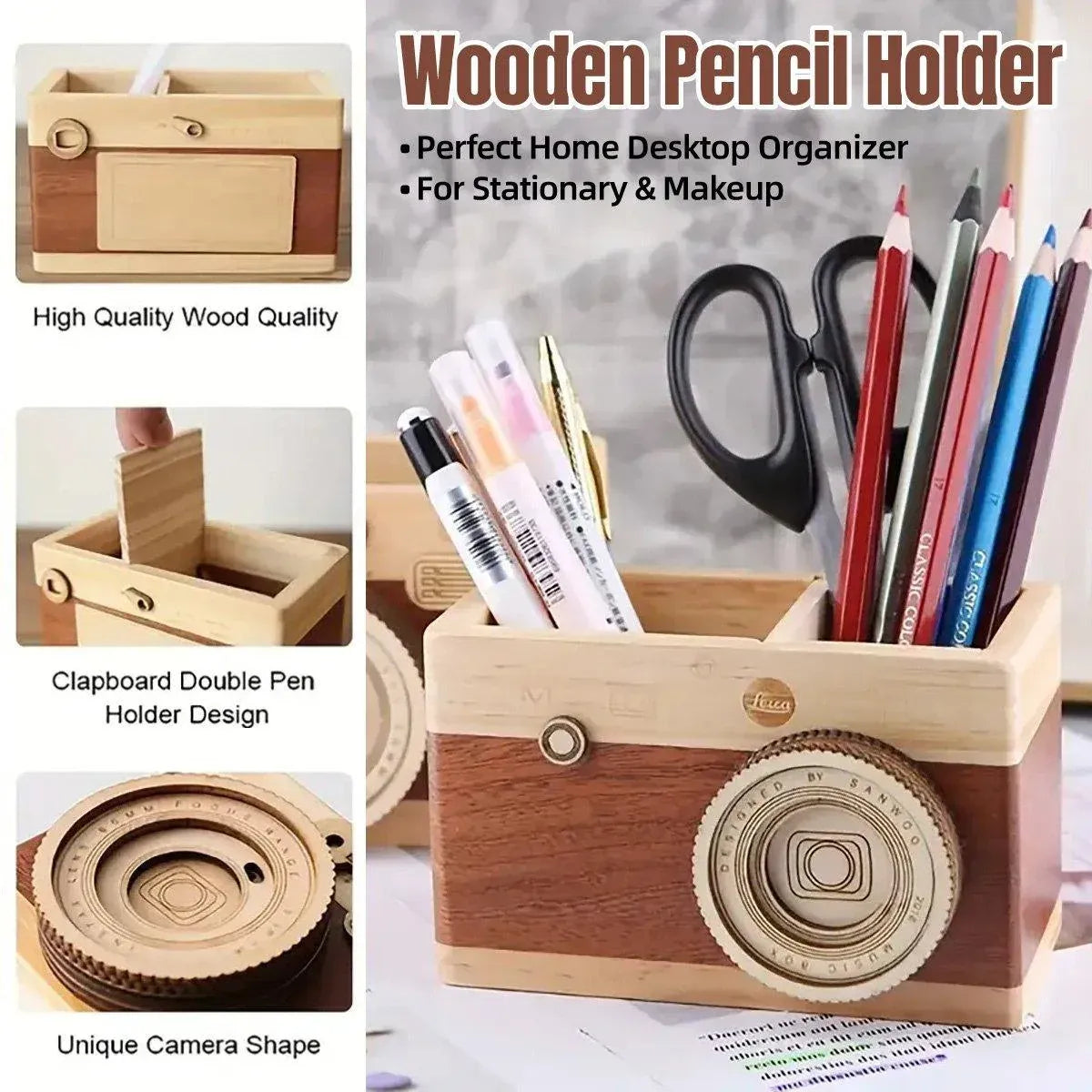 Vintage Wooden Camera Pen Holder Handmade Retro Gift Box Graduation Souvenir