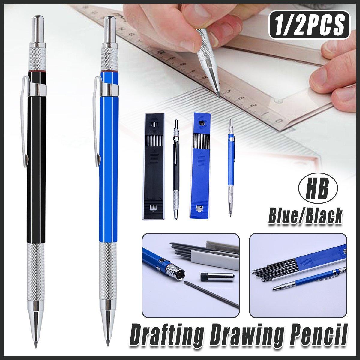 2mm HB Lead Holder Pen Automatic Mechanical Drafting Drawing Pencil Art Tool - Blue(1PCS)+Black(1PCS)