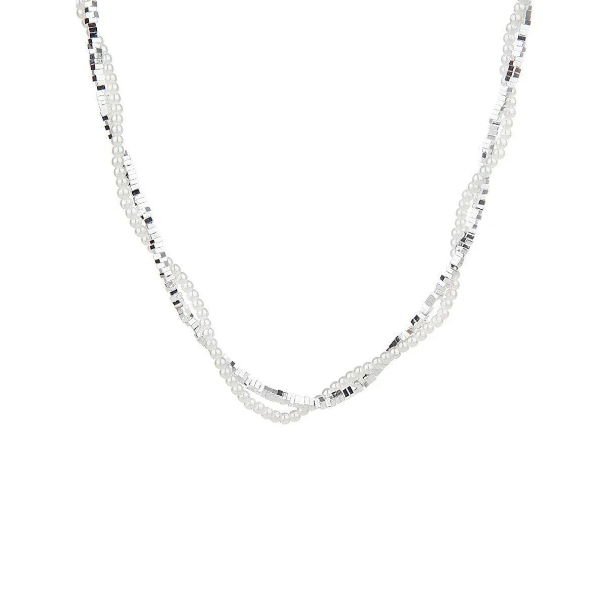 Double Layered Pearl Necklace Bracelet Set Silver Jewelry Women Fashion - Pendant