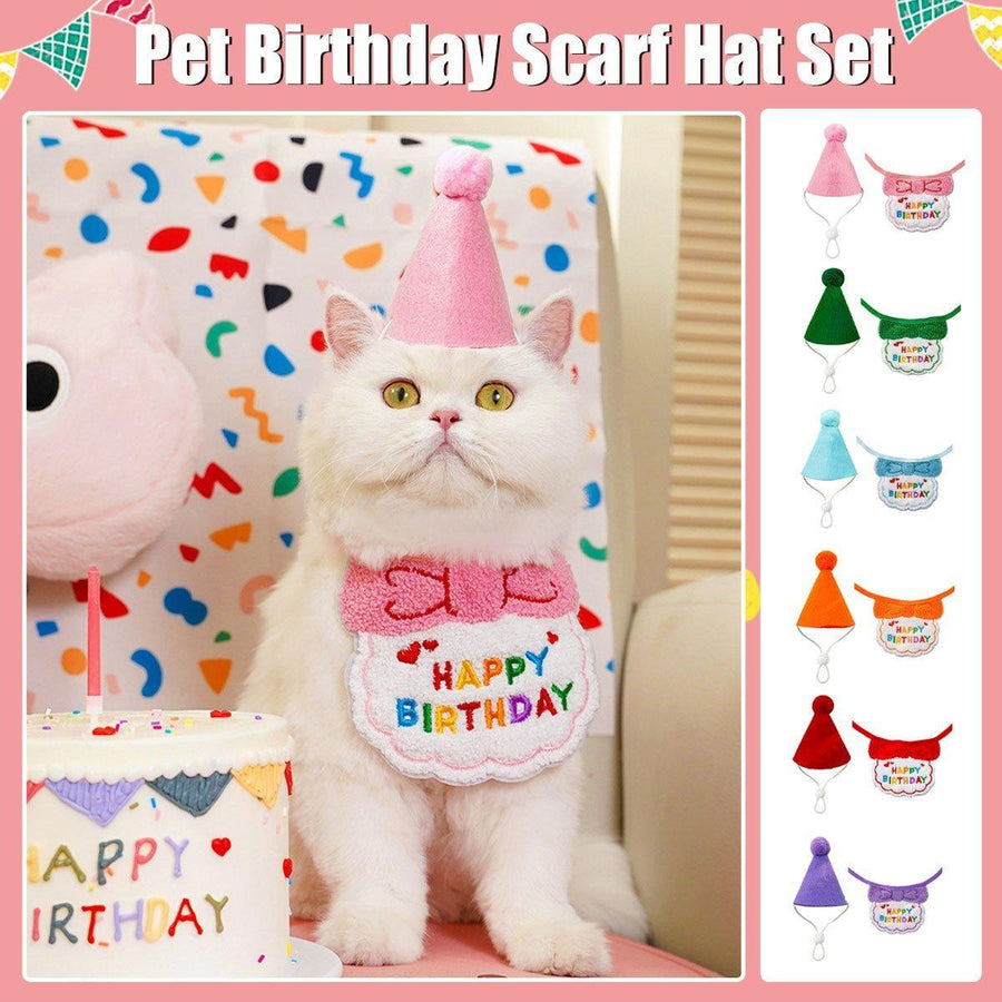 Pet Birthday Dog Cat Bib Scarf Hat Accessory Dogs Cats Celebration - Red