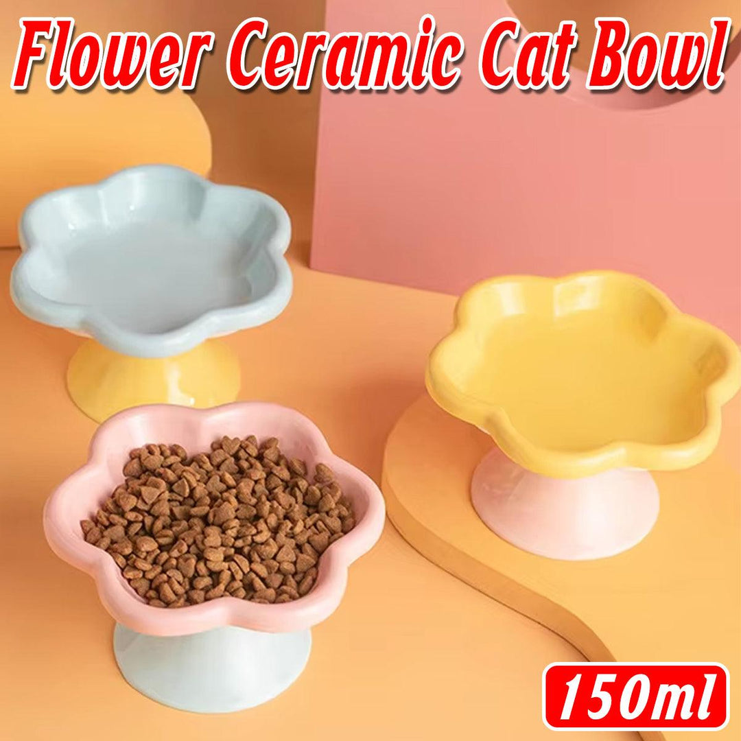 Flower Ceramic Cat Bowl Pet Food Bowl Snack Tray for Cats and Small Pets Feeding - Blue