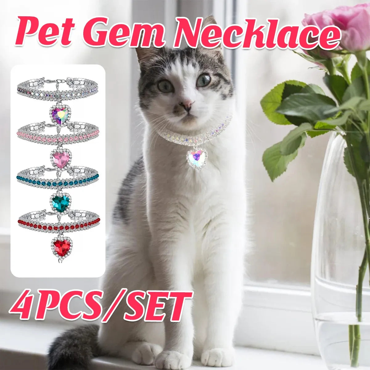 Pet Rhinestone Collar 4PCS Heart Pendant Cat Dog Adjustable 16.5-26cm