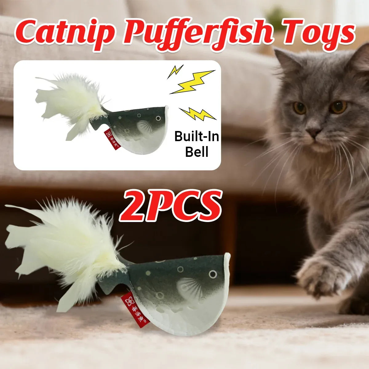 2pcs Catnip Pufferfish Cat Toy with Feather Tail Bell Interactive Felt Toy