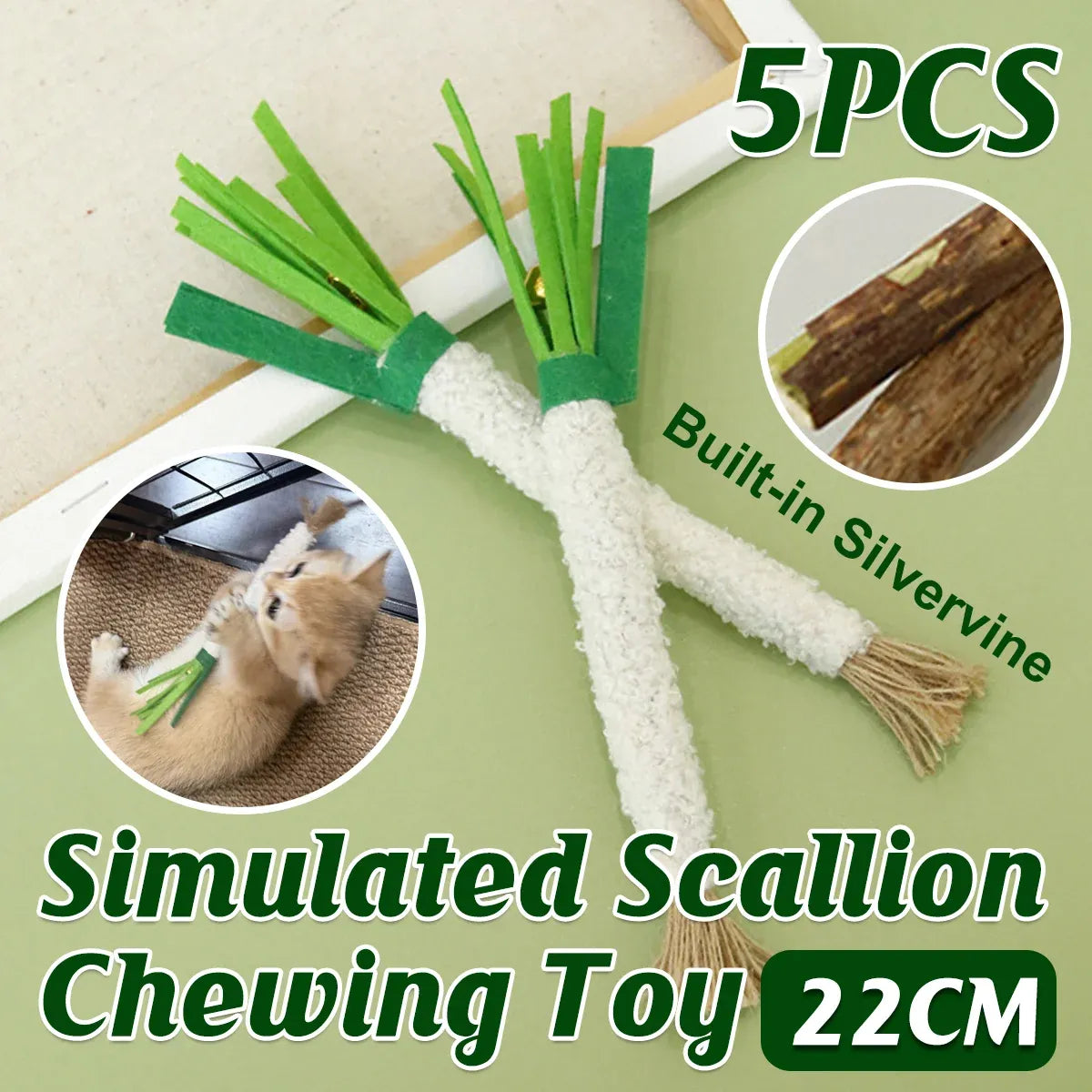 5pcs Simulation Scallion Cat Chewing Toy with Silvervine Bell Felt Interactive