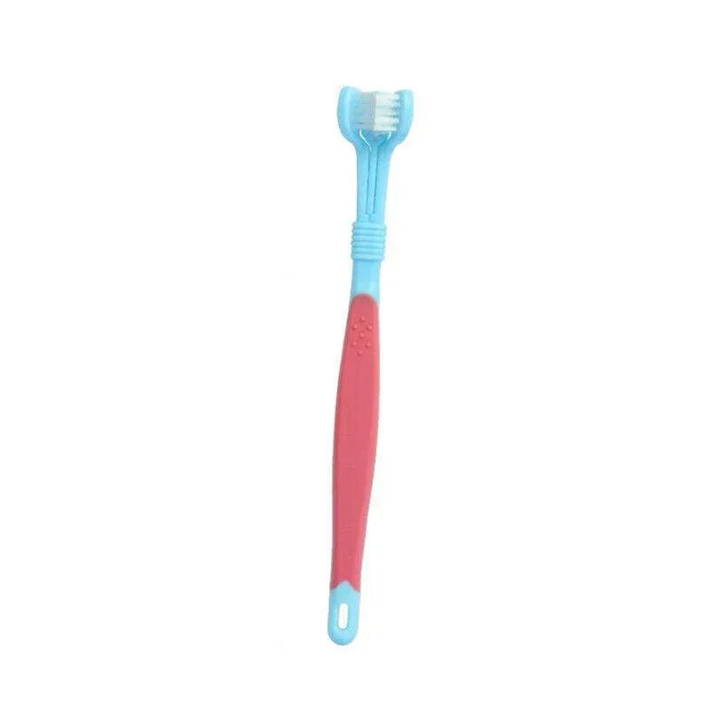 Three Sided Dog Toothbrush Pet Cat Teeth Cleaning Tool Oral Mouth Care Soft Bristle - Red+Blue