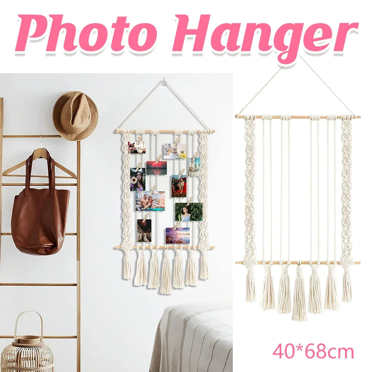 Hanging Photo Display with 30 Wood Clips Macrame Cotton Rope Wall Hanging Picture