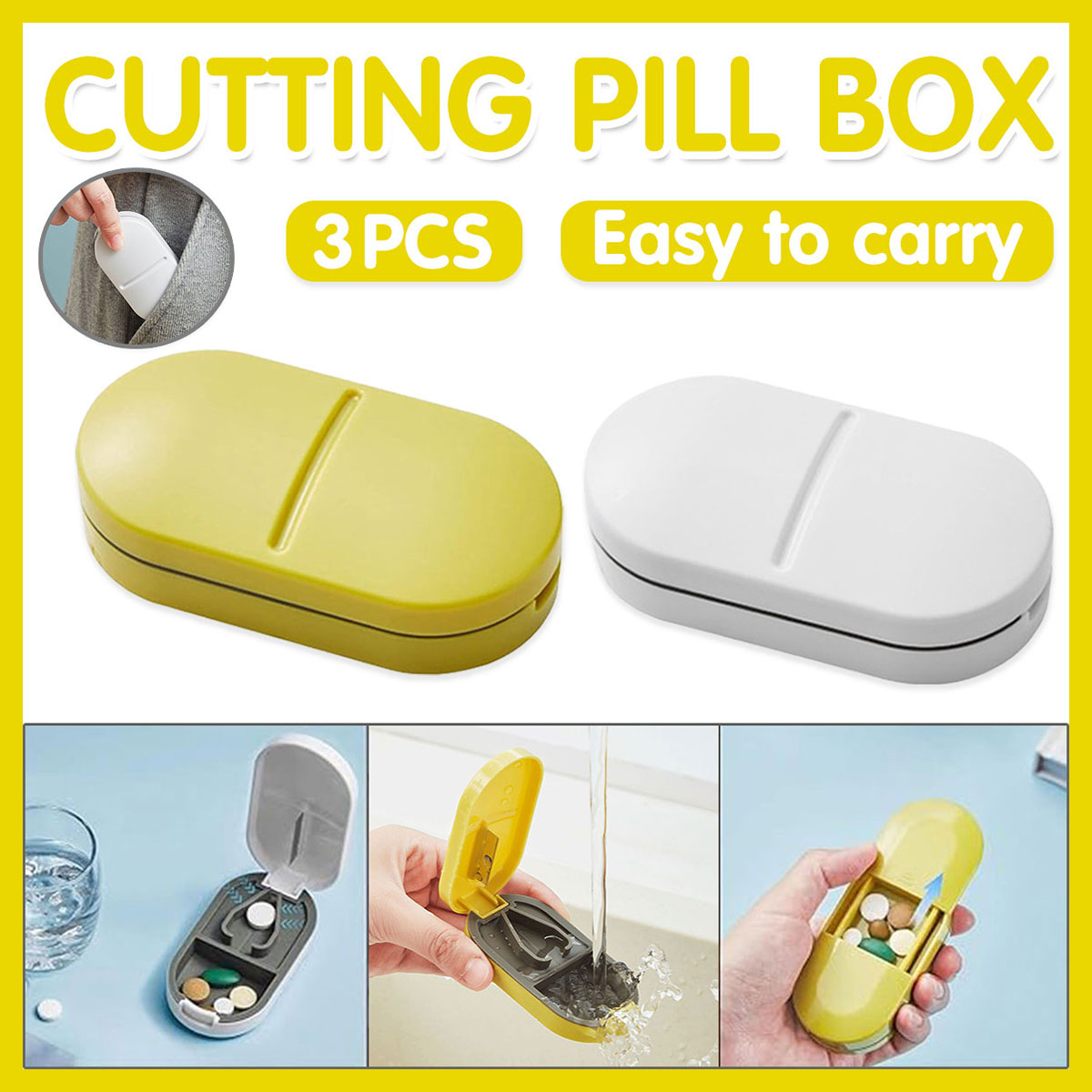 3PCS Tablet Cutter Pill Splitter Portable Medicine Box Pill Organizer Divider - White