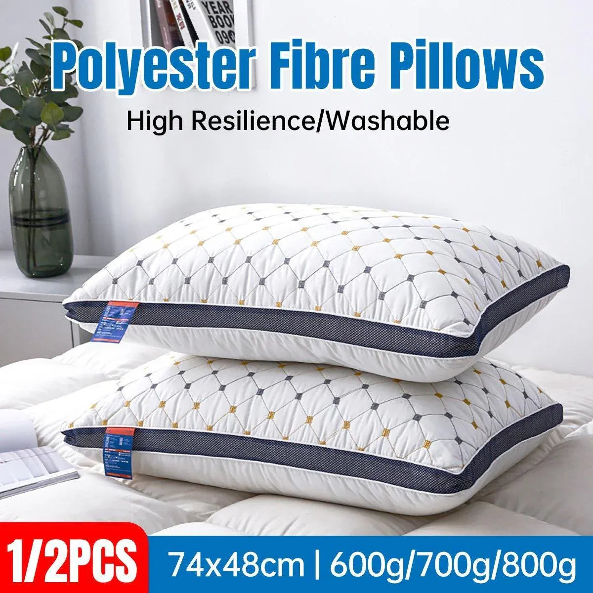 1/2pcs High Rebound Feather Velvet Pillow Washable Soft Bed Cushion Core Support - 800g