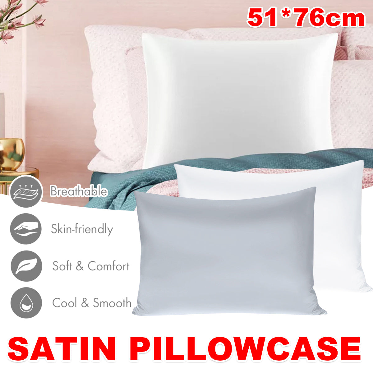 Silk Envelope Pillowcase Soft Satin Protective Cover for Bed Sleep Comfort - Silver