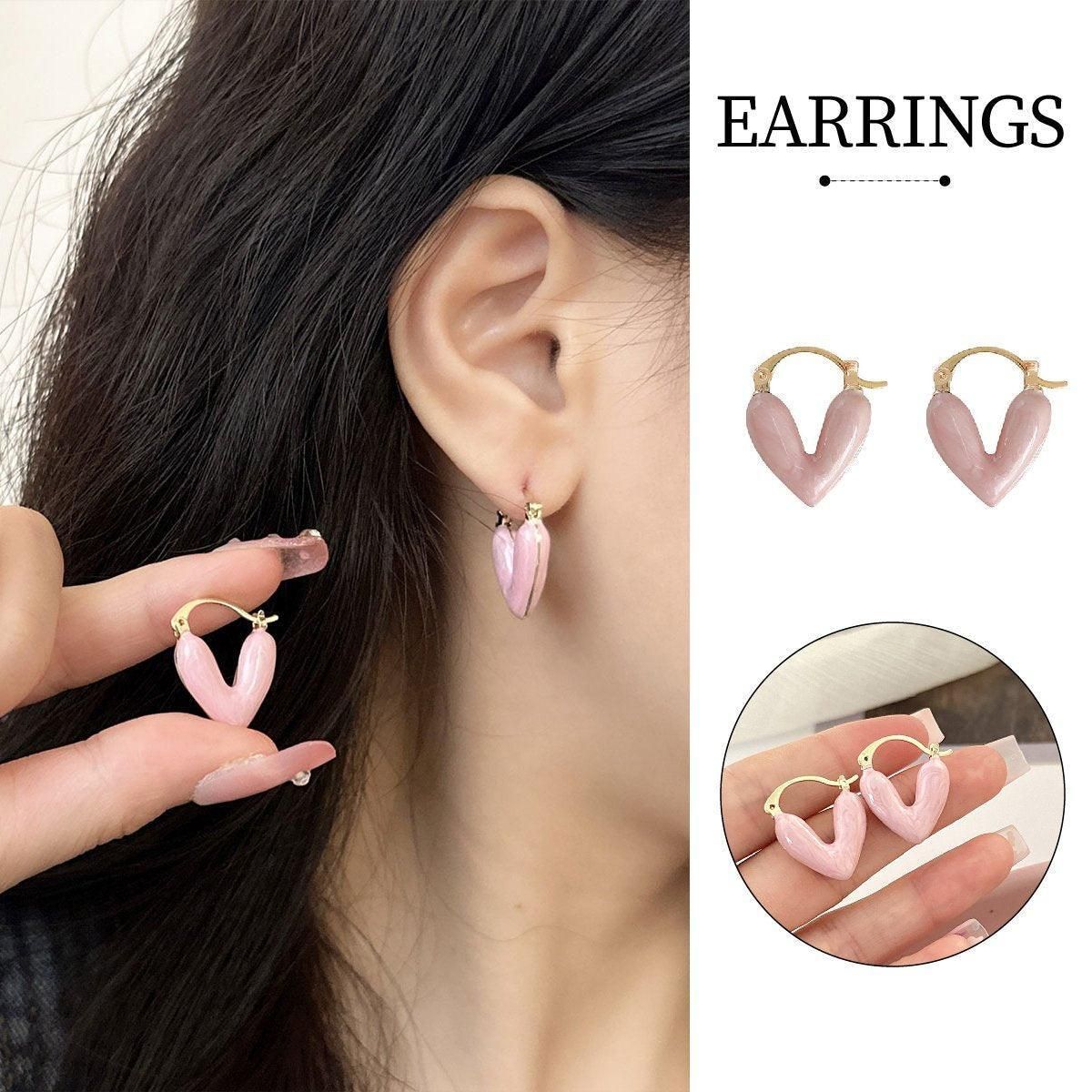 Romantic Pink Dripping Heart Dangle Earrings Women Girls Fashion Jewelry