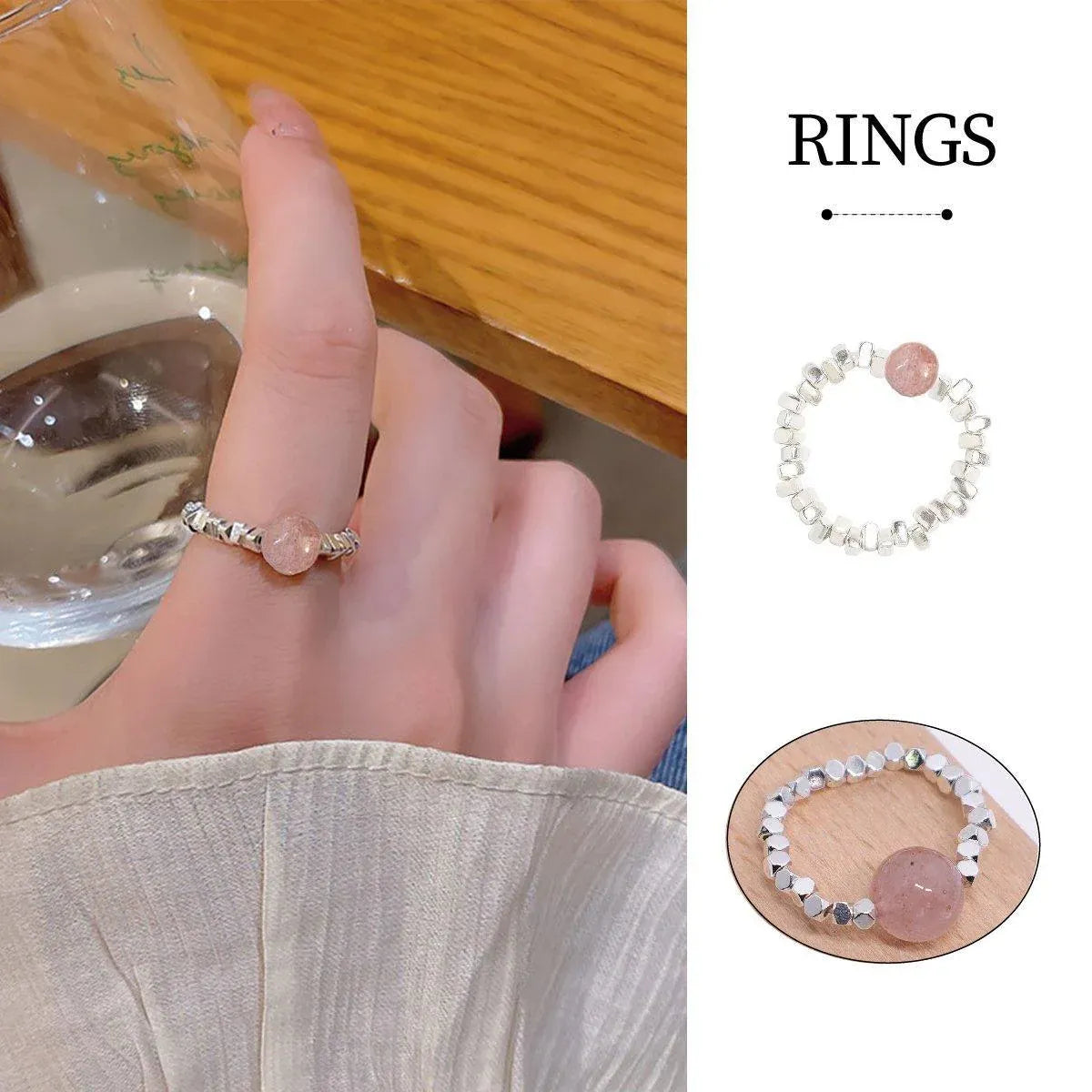 Elegant Pink Beads and Silver Beads Ring Delicate Jewelry for Women and Girls