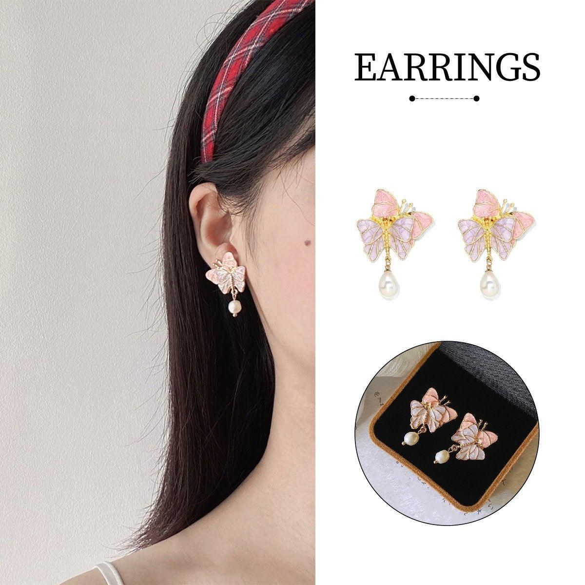 Elegant Pink Purple Double Butterfly Earrings Women Fashion Jewelry Gift Set