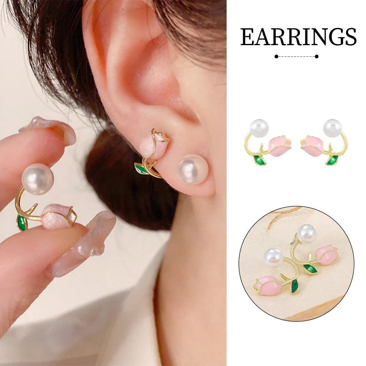 Pink Heart Flower Earrings Sweet Girly Jewelry for Women Fashion Accessories