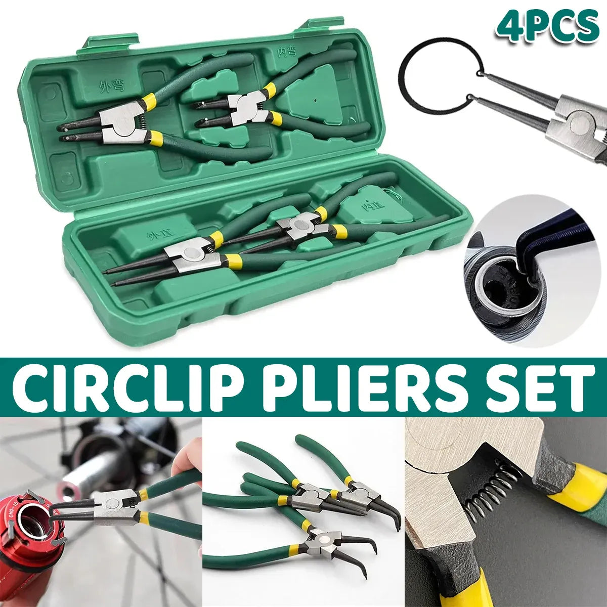 4 Piece Circlip Pliers Set 7 Inch Internal and External Straight and Bent Nose Tools
