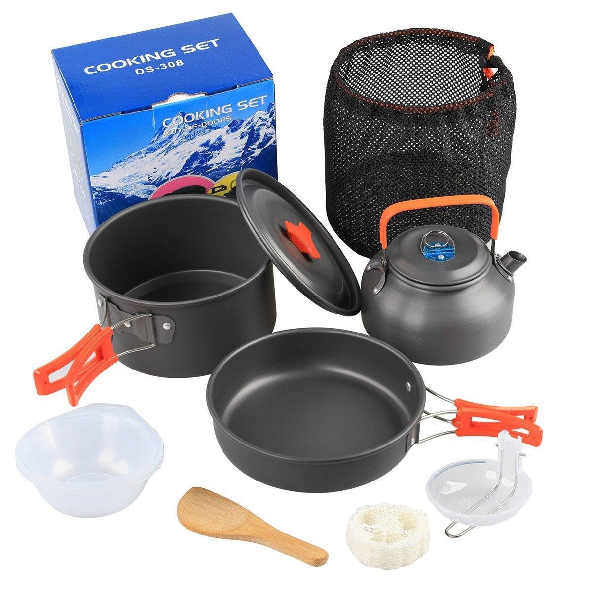 Lightweight Camping Cookware Set Outdoor Cooking Gear 3 Piece Travel Cook Set - Orange