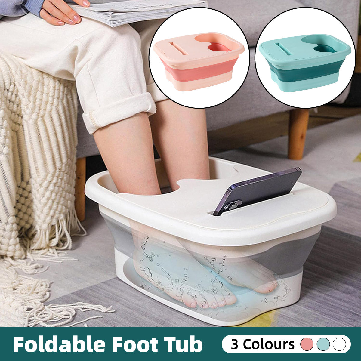 Foldable Foot Tub Portable Large Capacity Foot Basin for Home Bathroom Spa and Travel - White