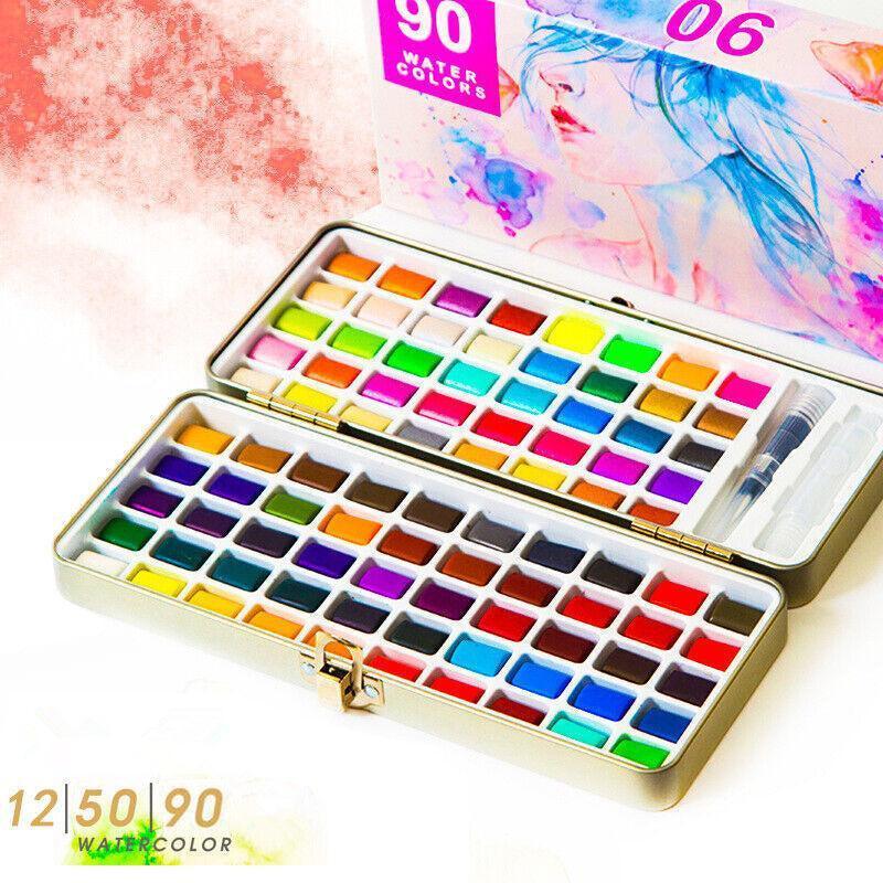 12-90 Watercolour Paint Set With Brush Painting Water Colour Kits - 50 Colours