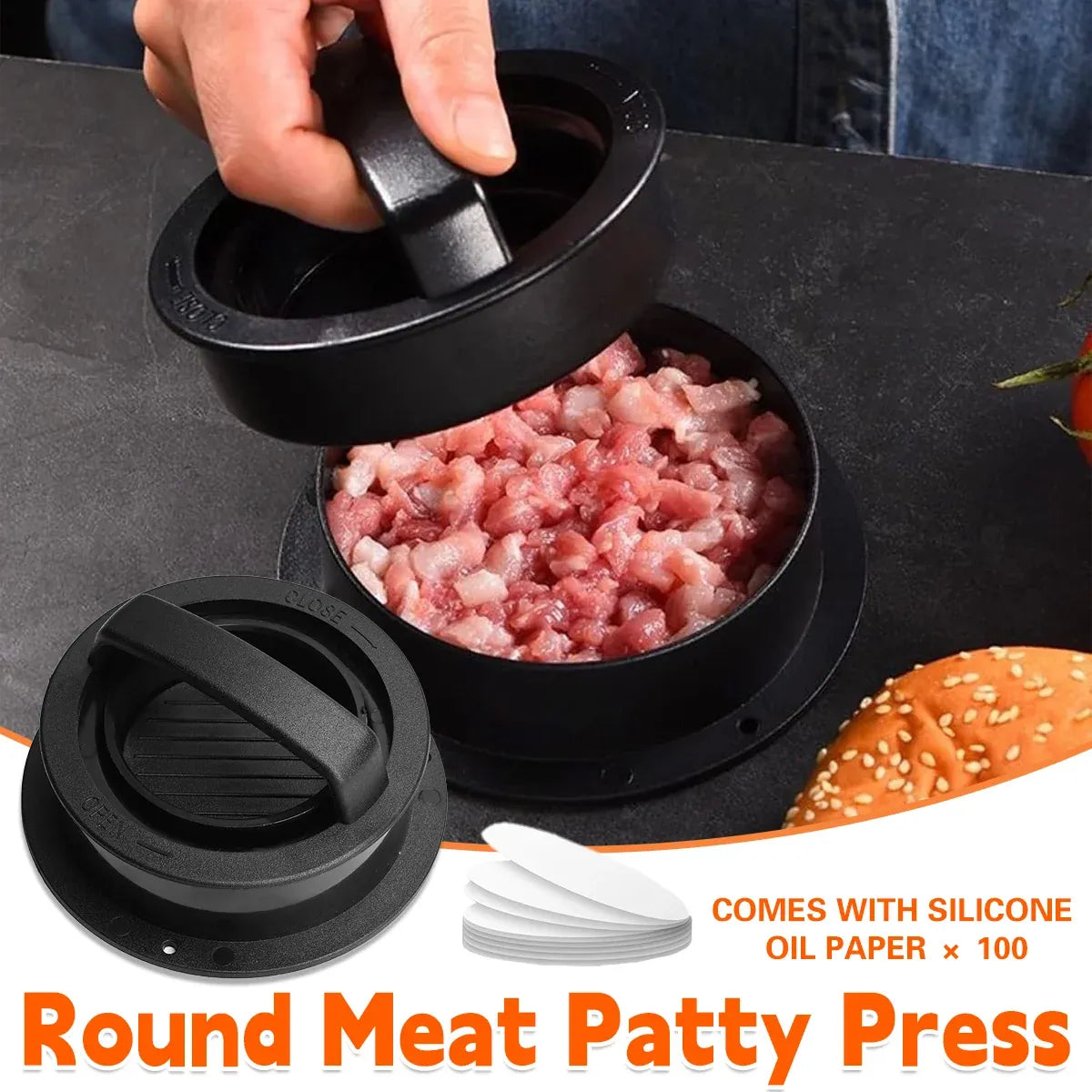 Manual Hamburger Press Round Meat Patty Mould BBQ with 100 Wax Discs