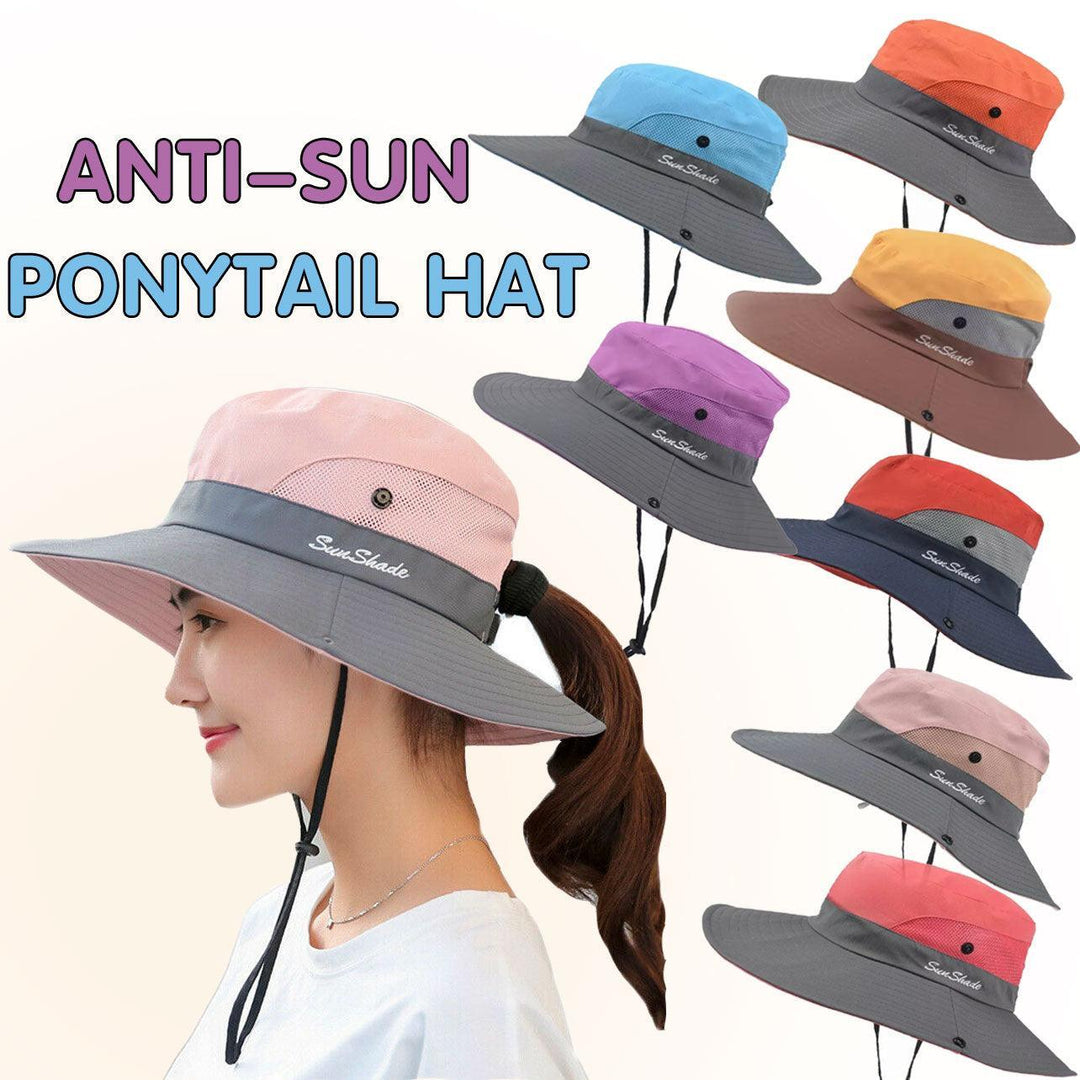 Women Wide Brim Ponytail Hat Sun Protect Visor Summer Beach Cap Anti Uv Floppy - Purple