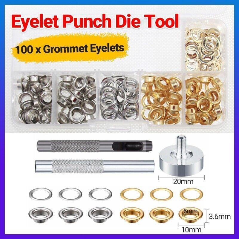 Eyelet Punch Die Tool Kit with 100 Sets of 6mm Grommets for Leather Craft