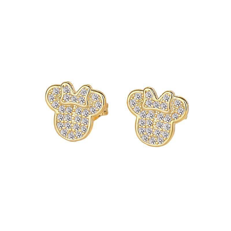 Cute Mouse Girls Clear Crystal Earrings Iced Out Cute Lady's Gift Accessory - Gold