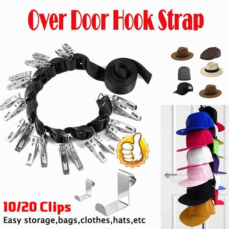 Over Door Hat Rack Baseball Cap Holder Storage Strap with Clips Closet Organizer - 10 Clips