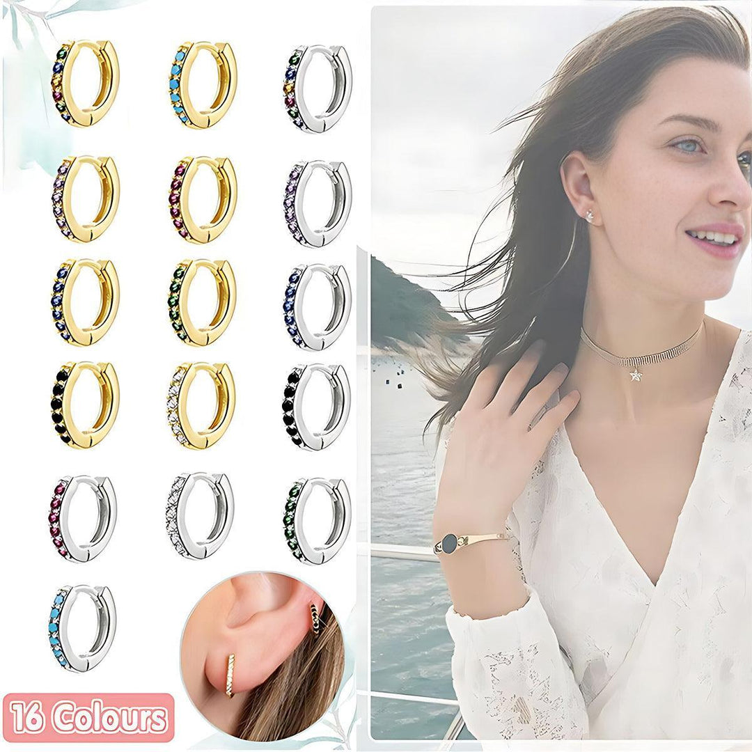 925 Sterling Silver Gold Rings Plated Cubic Crystal Cuff Huggie Hoop Earrings Au - Silver-Black Crystal