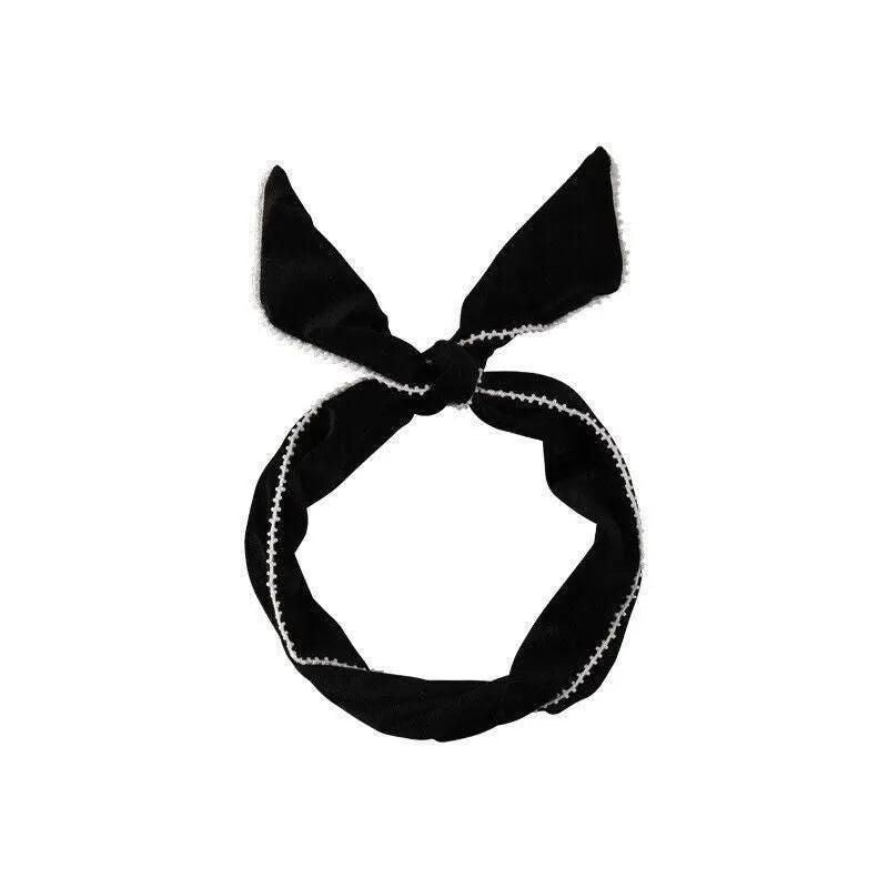 Lady Wrap Rabbit Ears Hair Band Vintage Velvet Pearl Bow Hair Band Wire Headband - Black