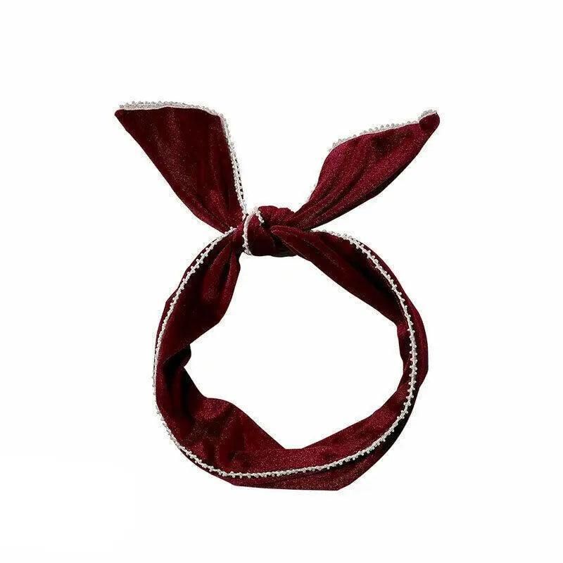 Lady Wrap Rabbit Ears Hair Band Vintage Velvet Pearl Bow Hair Band Wire Headband - Red