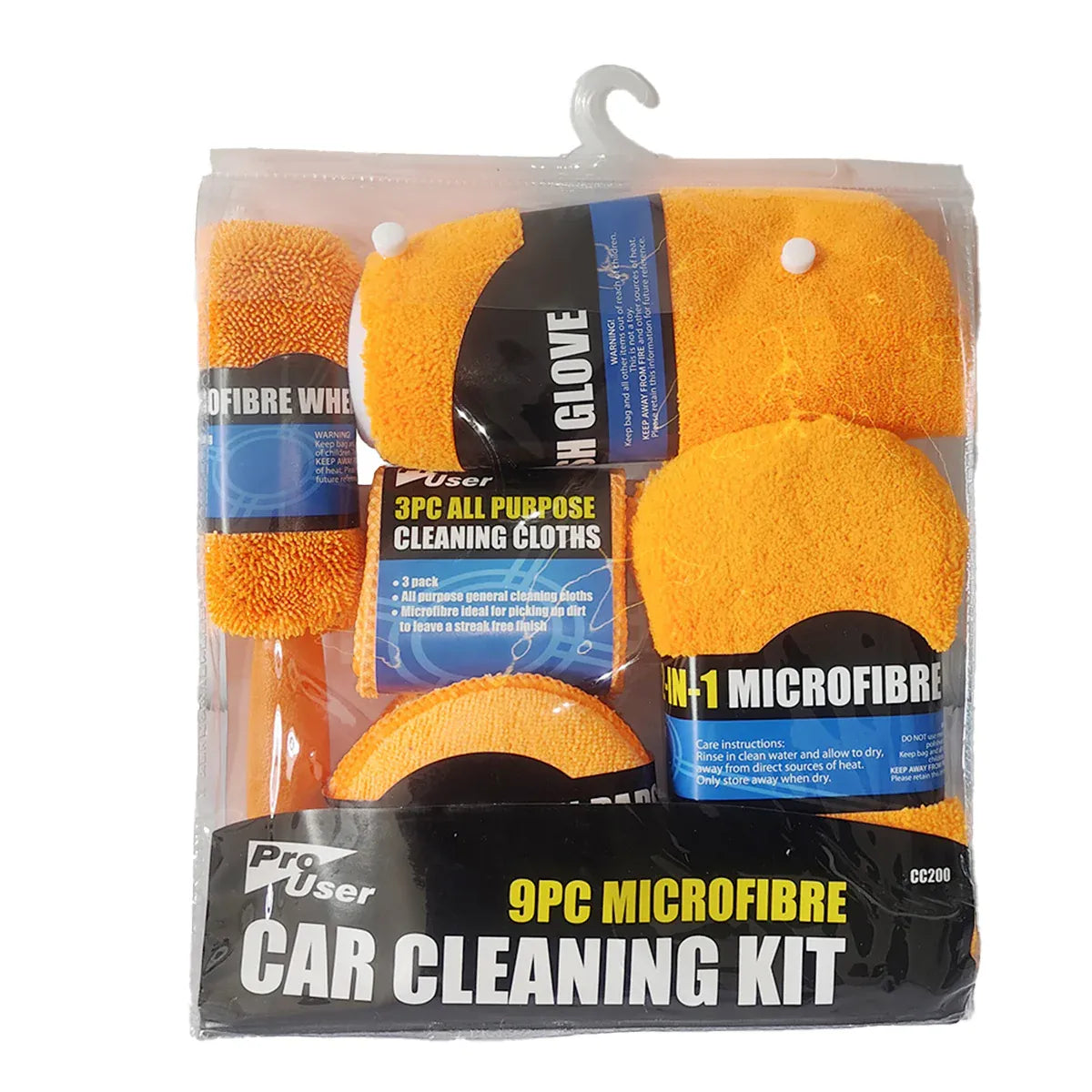 9PCS Car Cleaning Kit Microfiber Towel Wax Sponge Wheel Brush Gloves Set Use - Orange