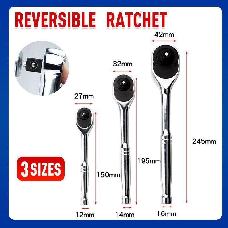 Quick Release Ratchet Handle 1/4 inch 3/8 inch 1/2 inch Drive Reversible Socket Wrench - 12x150x27mm