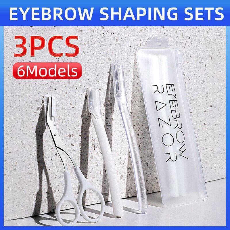 3Pcs Eyebrow Razor Set Facial Trimmer Shaver Blade Hair Remover Beauty Tool - Short+Long Eyebrow Razor+Eyelash Curler-Clear
