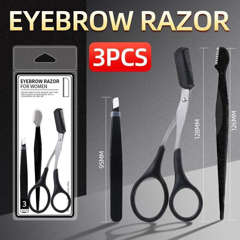 3PCS Eyebrow Razor Set Trimmer Shaver Scissors Spooley Dermaplaning Tweezers