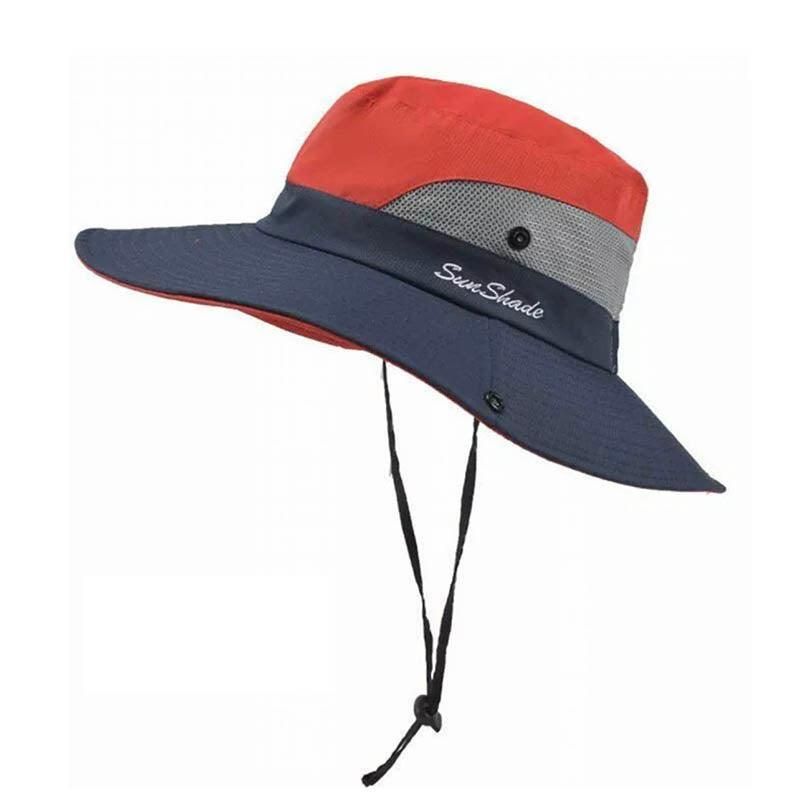 Women Wide Brim Ponytail Hat Sun Protect Visor Summer Beach Cap Anti Uv Floppy - Red