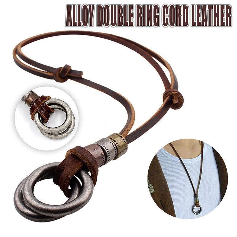 Men Women'S Alloy Double Ring Cord Leather Pendant Necklace Adjustable Necklace