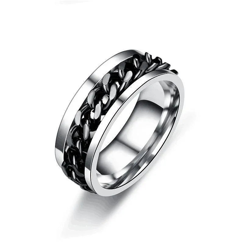 Spinner Rings Mens Womens Fidget Rotating Ring Silver Stainless Steel Size 7 - Black