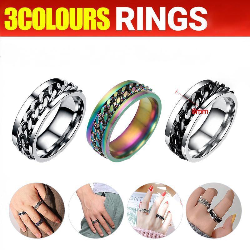Spinner Rings Mens Womens Fidget Rotating Ring Silver Stainless Steel Size 12 - Rainbow