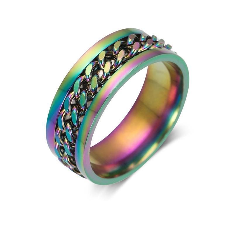 Spinner Rings Mens Womens Fidget Rotating Ring Silver Stainless Steel Size 7 - Rainbow