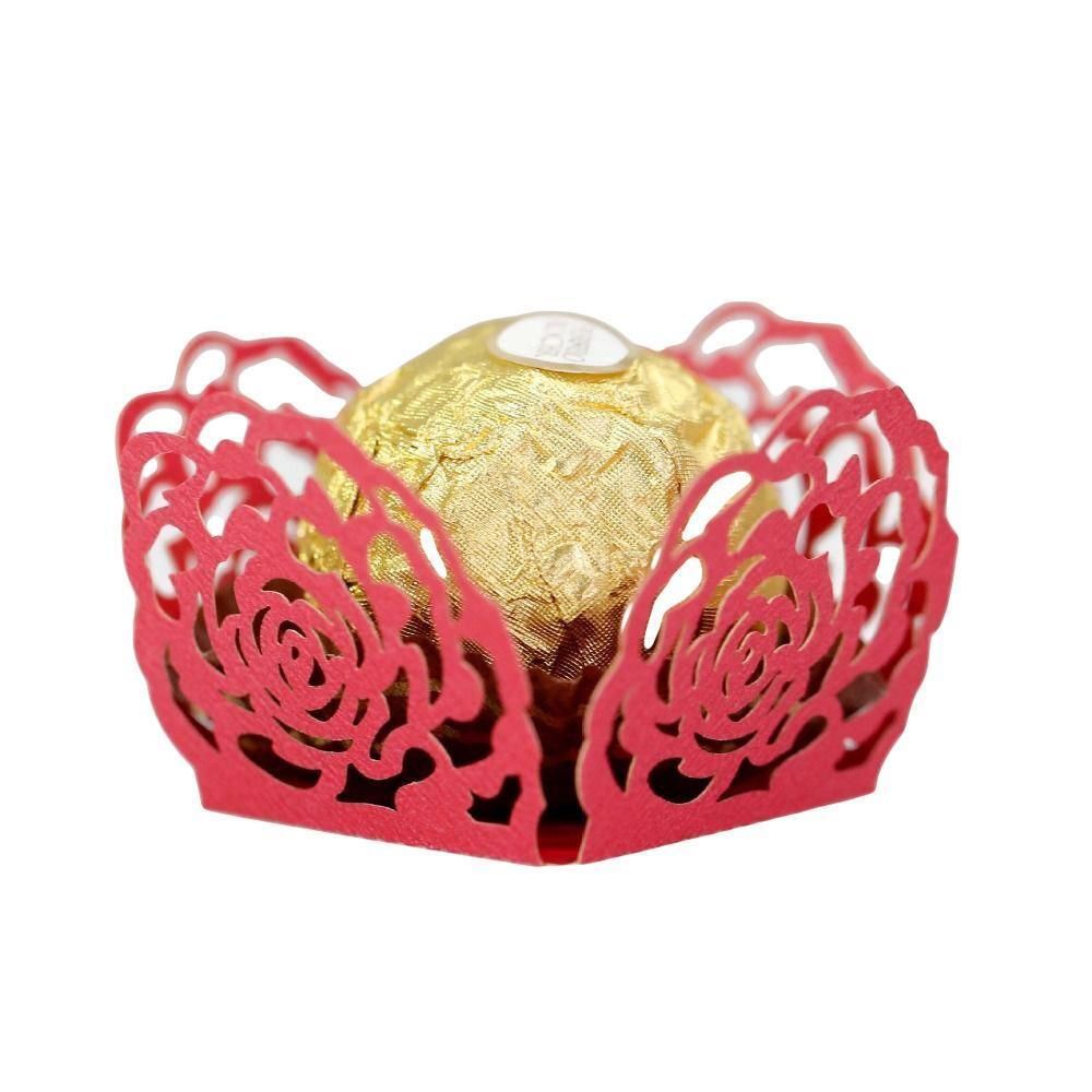 Wedding Party Celebration Candy Chocolate Box Wedding Hollow Rose Lace Decor - 50pcs-Pearl-Red