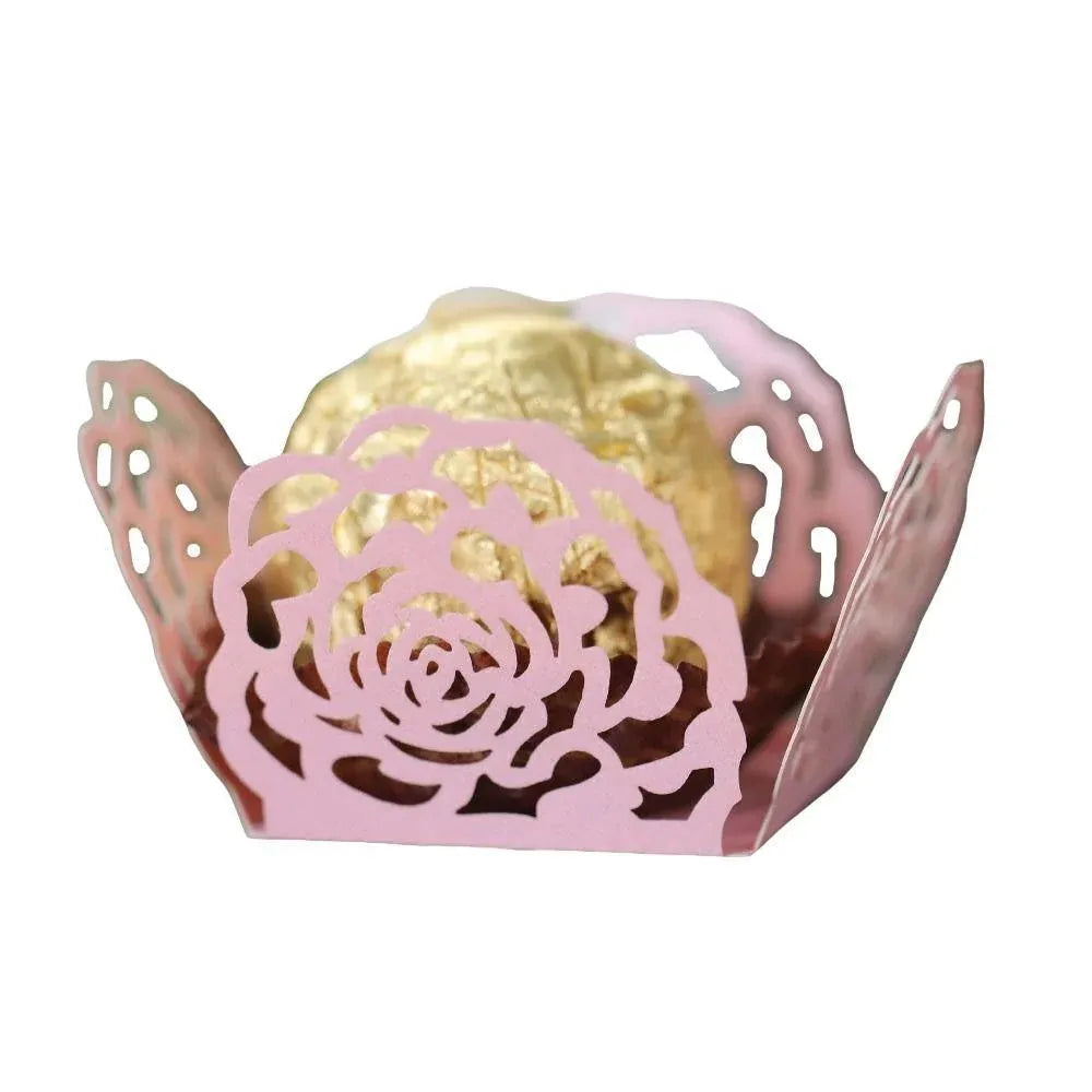 Wedding Party Celebration Candy Chocolate Box Wedding Hollow Rose Lace Decor - 50pcs-Pink