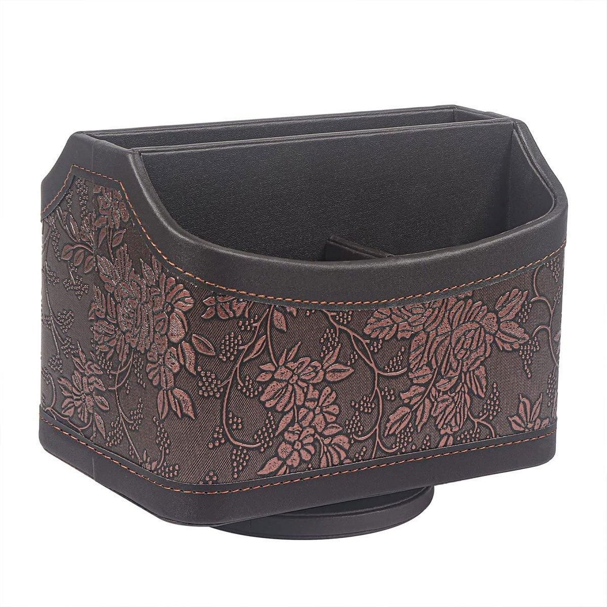 Leather Remote Control Holder 360 Degree Spinning Desk TV Remote Table Organizer - Brown
