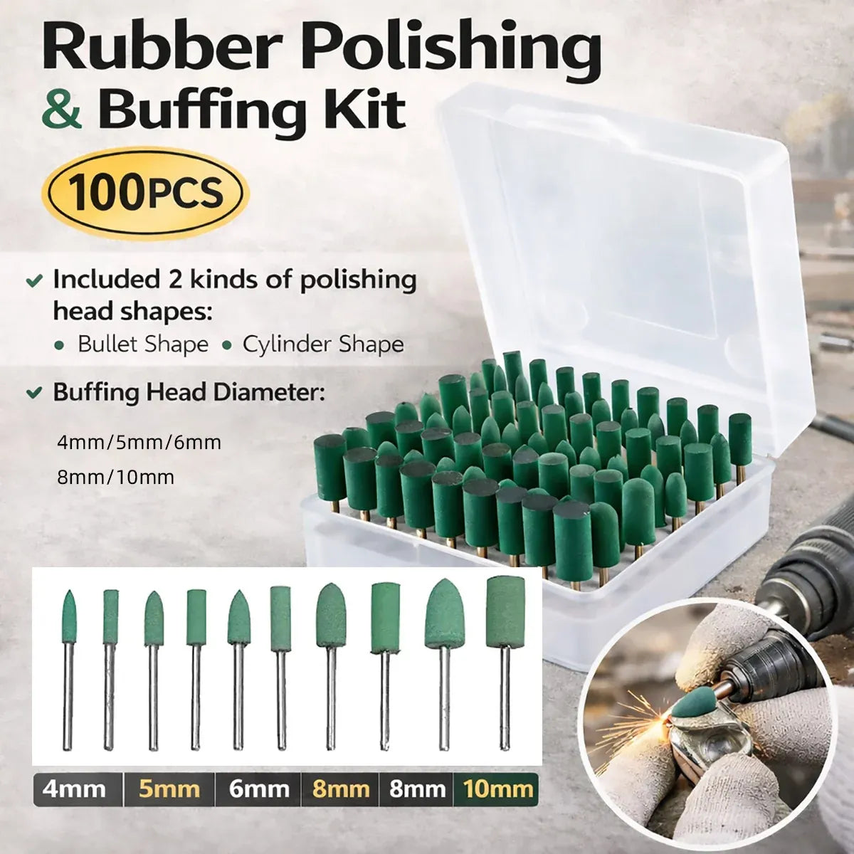 100Pcs Rubber Polishing Bits Set Rotary Tool Buffing Kit for Drill Grinding