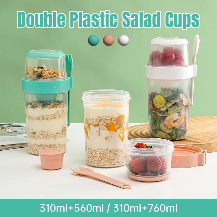 Double Plastic Salad Cup with Fork Sealed Breakfast Container for On-the-Go Meal - 560ml-White